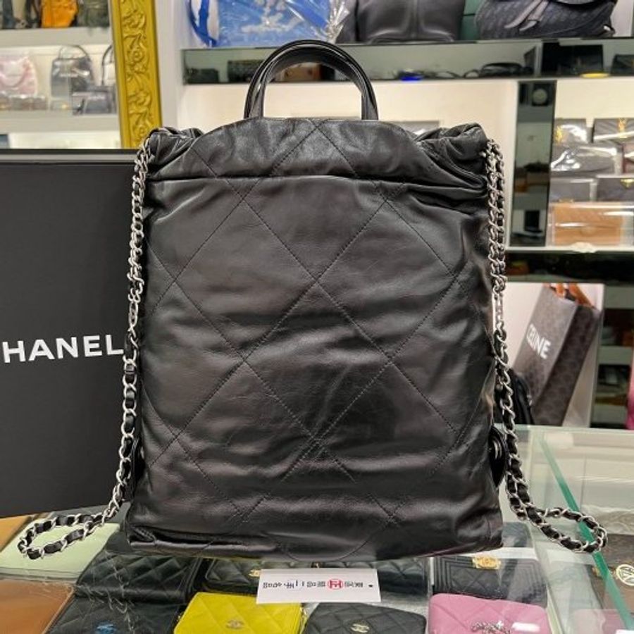 東區正精品㊣CHANEL 22 AS3313 黑色小牛皮霧銀鍊束口手提包雙肩後背包 RZ6019-6