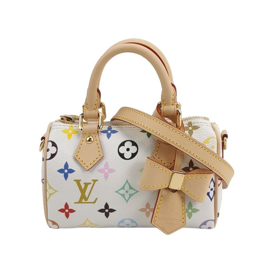 Louis Vuitton (LV) LV x Takashi Murakami聯名款Nano植鞣革白三彩波士頓包斜挎包單肩包 9.8新 晶片款-0