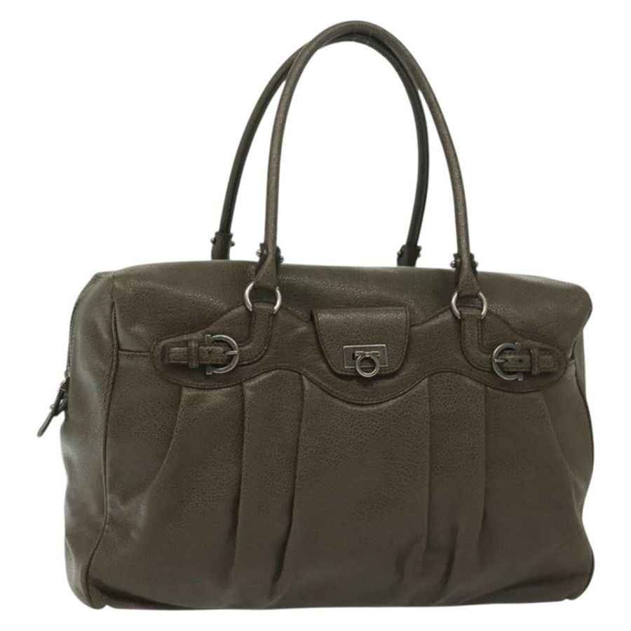 【日本直送】Salvatore Ferragamo Gancini 手提包 皮革 卡其色 銀色 正品 140186-0
