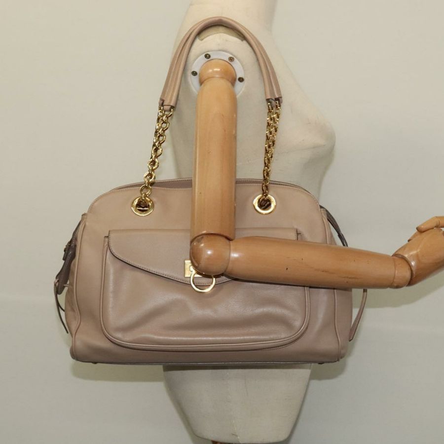 【日本直送】Salvatore Ferragamo Gancini 手提包 皮革 米色 金色 正品 140617-21