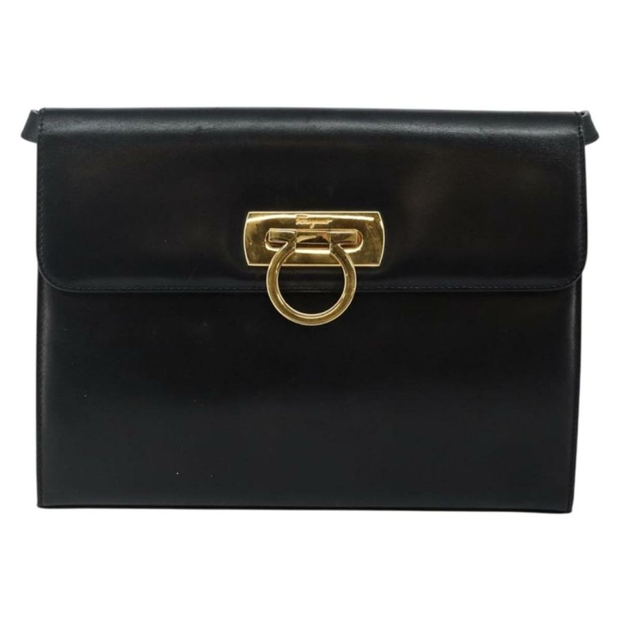 【日本直送】Salvatore Ferragamo Gancini 皮革肩背包 黑色 金色 正品 142822-12
