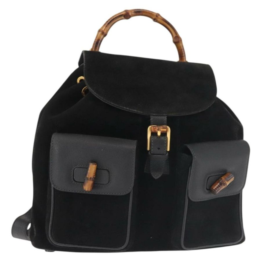 【日本直送】GUCCI 竹編雙肩包 絨面革 黑色 金色 003 2058 016 正品 BA5937-0