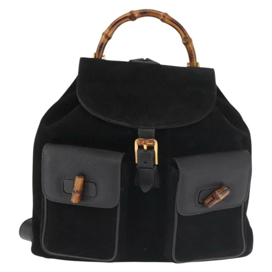 【日本直送】GUCCI 竹編雙肩包 絨面革 黑色 金色 003 2058 016 正品 BA5937-12