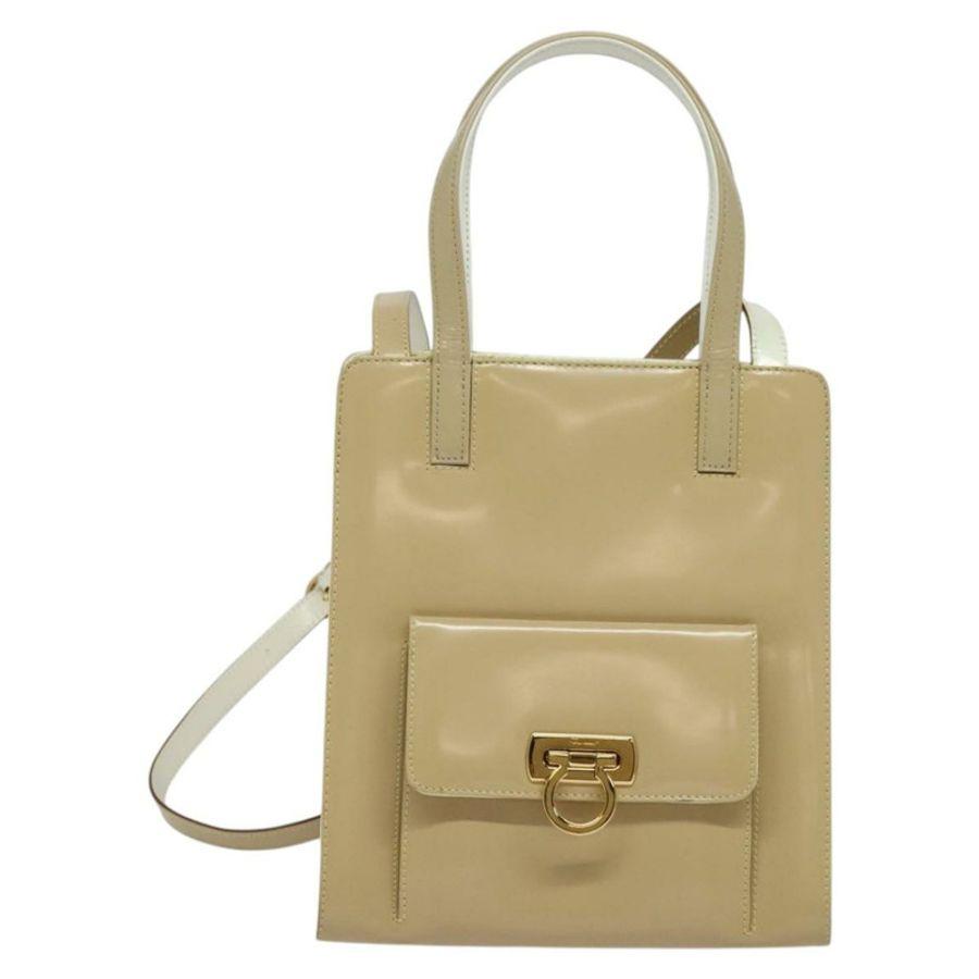 【日本直送】Salvatore Ferragamo Gancini 手提包 漆皮 兩用 米色 金色 正品 BA5280-12