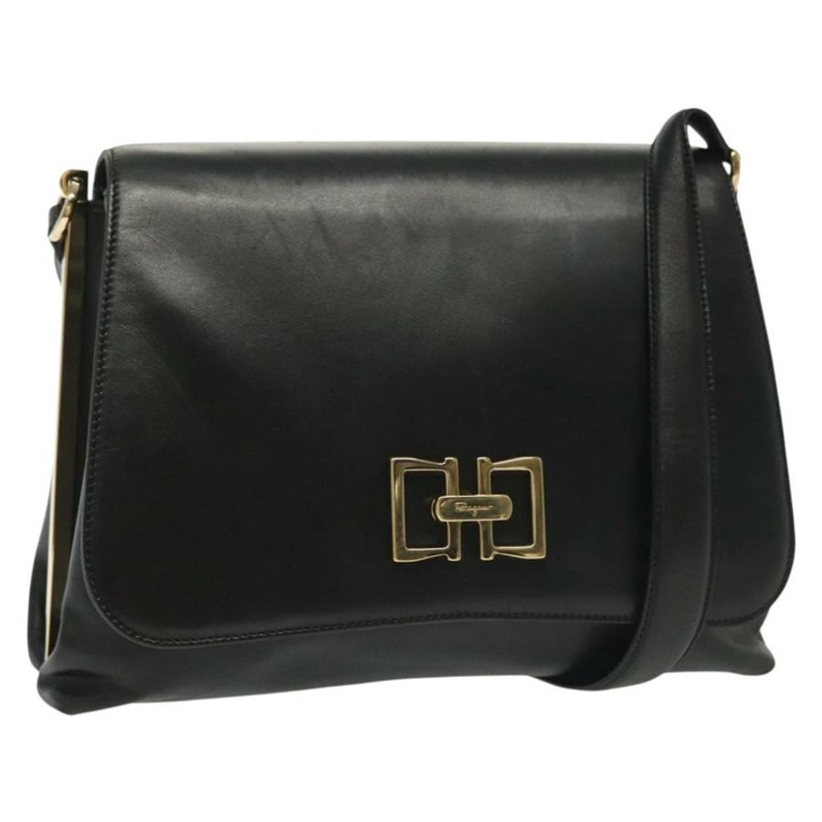 【日本直送】Salvatore Ferragamo 黑色金色皮革肩背包,正品 yk19470-0