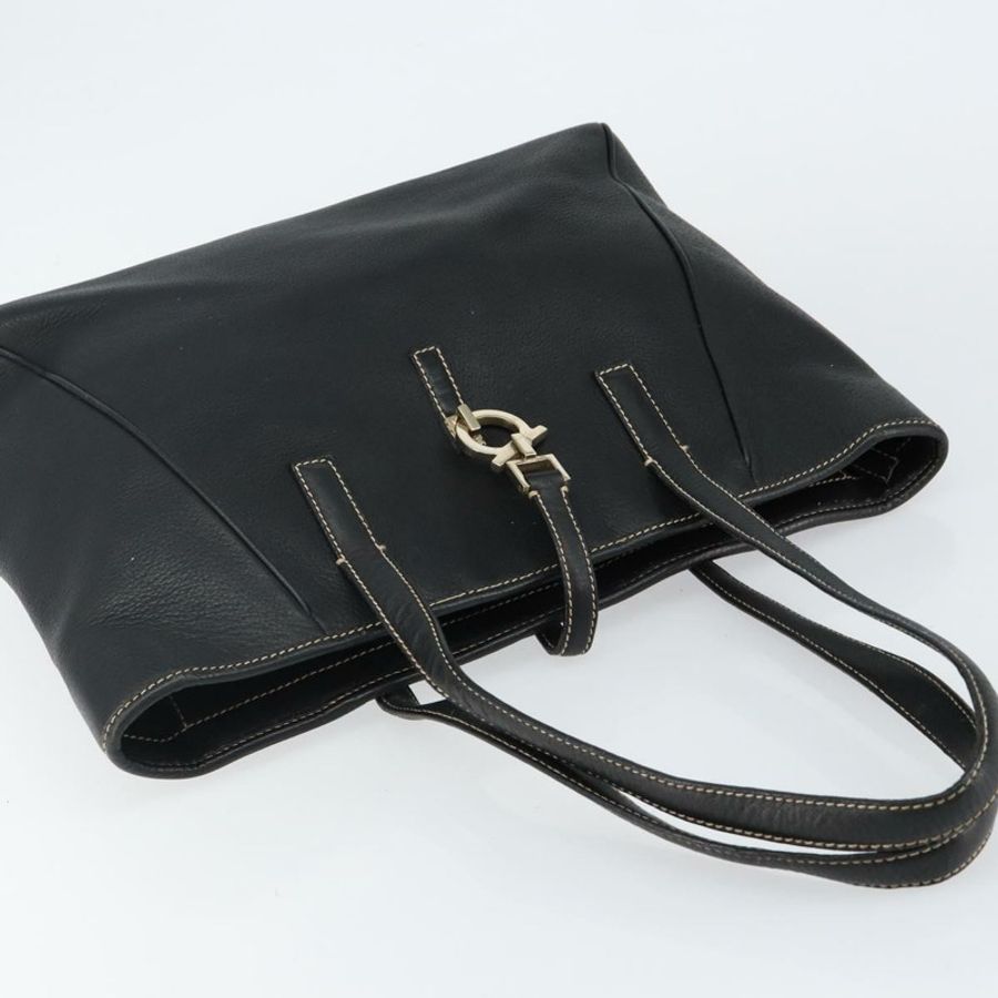 【日本直送】Salvatore Ferragamo 皮革手提包 黑色 金色 Auth SW1521-5