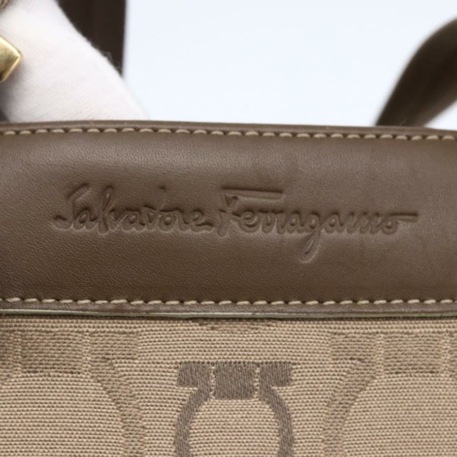 【日本直送】Salvatore Ferragamo Gancini 手提包 皮革帆布 米色 金色 正品 BA5709-16