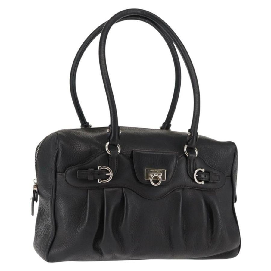 【日本直送】Salvatore Ferragamo Gancini 單肩包,黑色銀色皮革,正品編號 146635-0