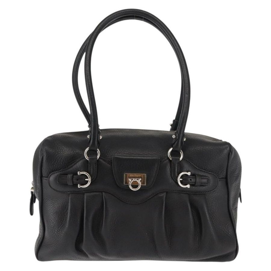 【日本直送】Salvatore Ferragamo Gancini 單肩包,黑色銀色皮革,正品編號 146635-12