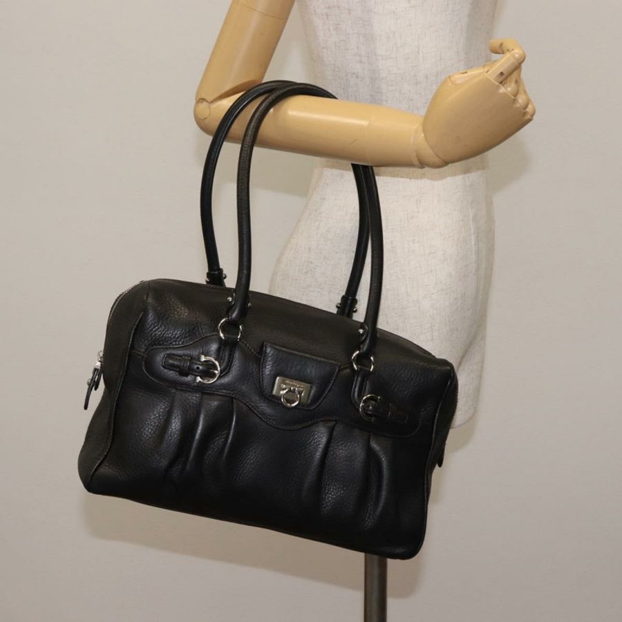 【日本直送】Salvatore Ferragamo Gancini 單肩包,黑色銀色皮革,正品編號 146635-20