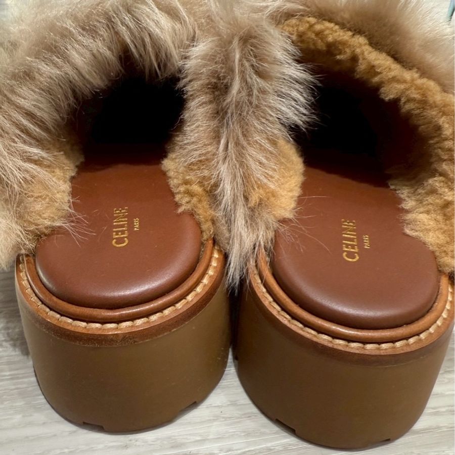 CELINE 棕色長毛凱旋門厚底拖鞋 38號-5