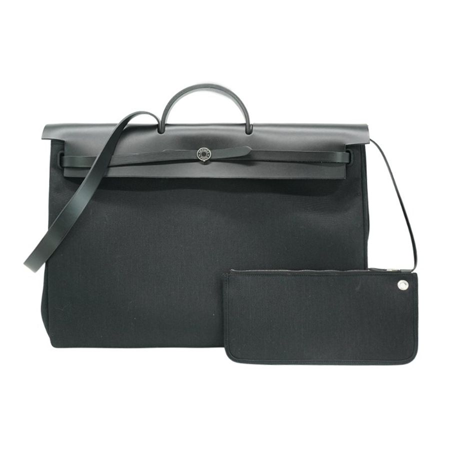 Hermes 展示品 Herbag Zip 50 銀釦帆布手提肩背包(黑)-1