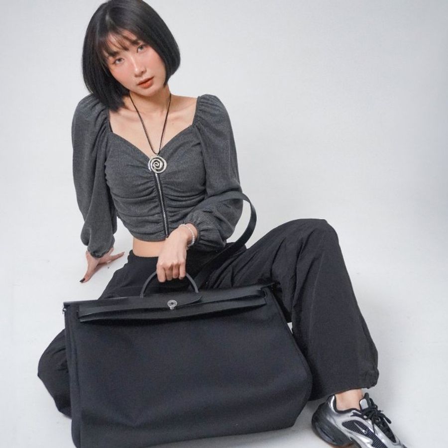 Hermes 展示品 Herbag Zip 50 銀釦帆布手提肩背包(黑)-0