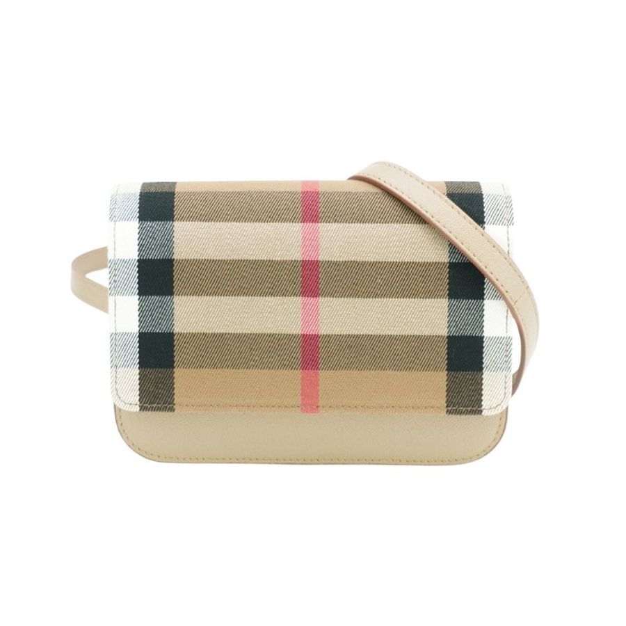 Burberry Madison 格紋帆布拚牛皮翻蓋斜背包(8084494-卡其)-0
