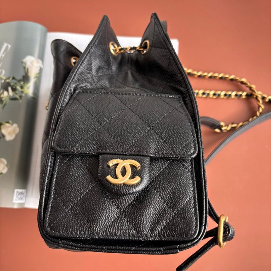 ::CHANEL:: 香奈兒 AS5600 黑色荔枝牛皮復古金雙C束口後背包 25中型背包-8