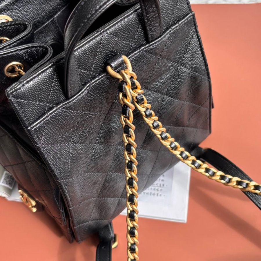 ::CHANEL:: 香奈兒 AS5600 黑色荔枝牛皮復古金雙C束口後背包 25中型背包-21
