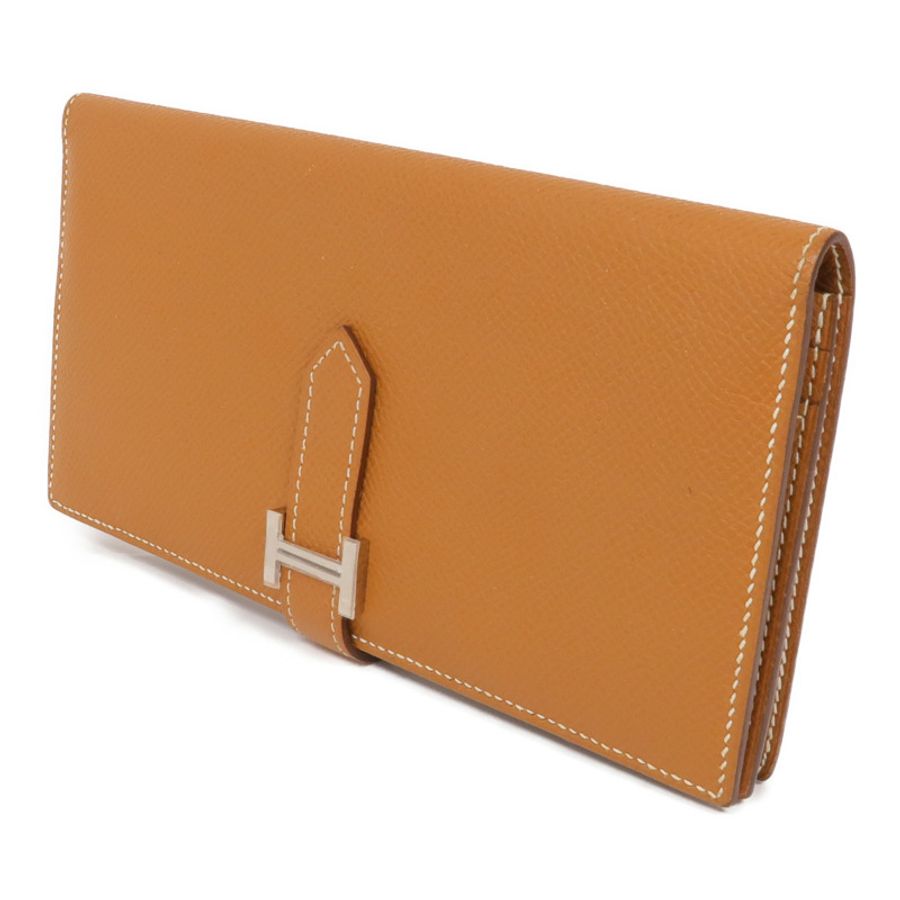 HERMES Epsom皮革Bearn W Snap銀扣長錢包Gold-2