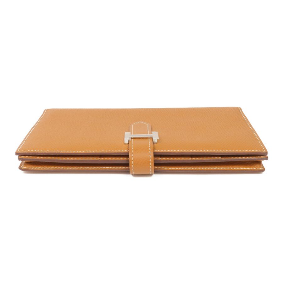 HERMES Epsom皮革Bearn W Snap銀扣長錢包Gold-5