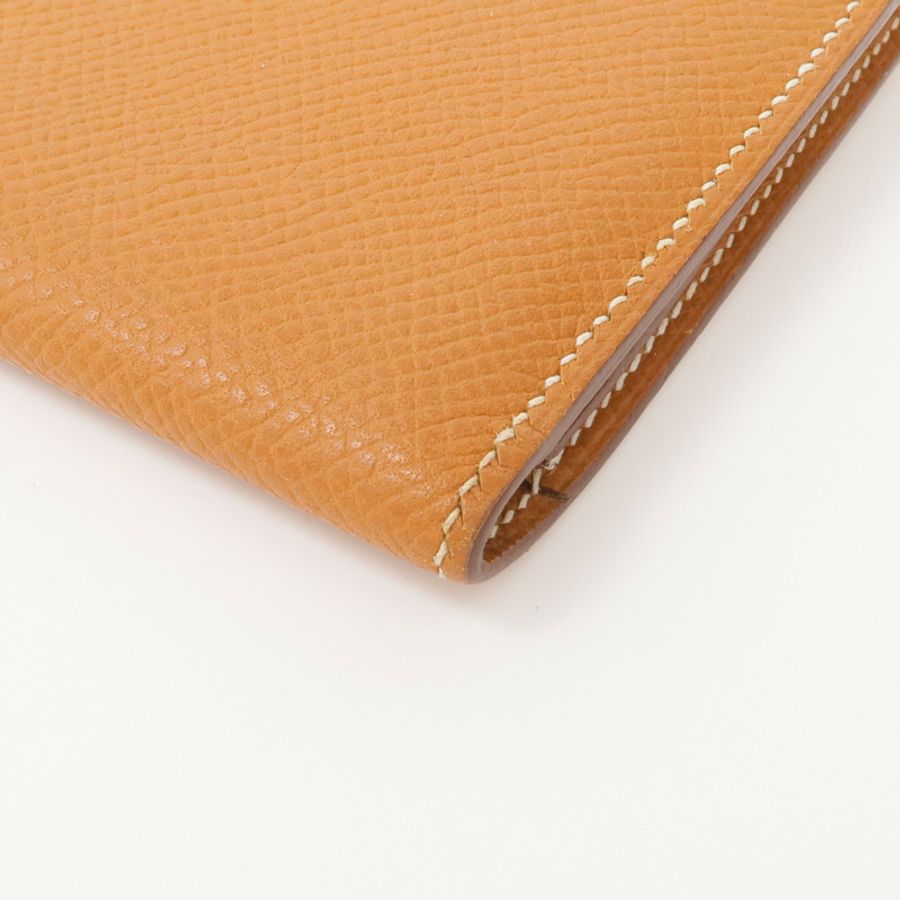 HERMES Epsom皮革Bearn W Snap銀扣長錢包Gold-9