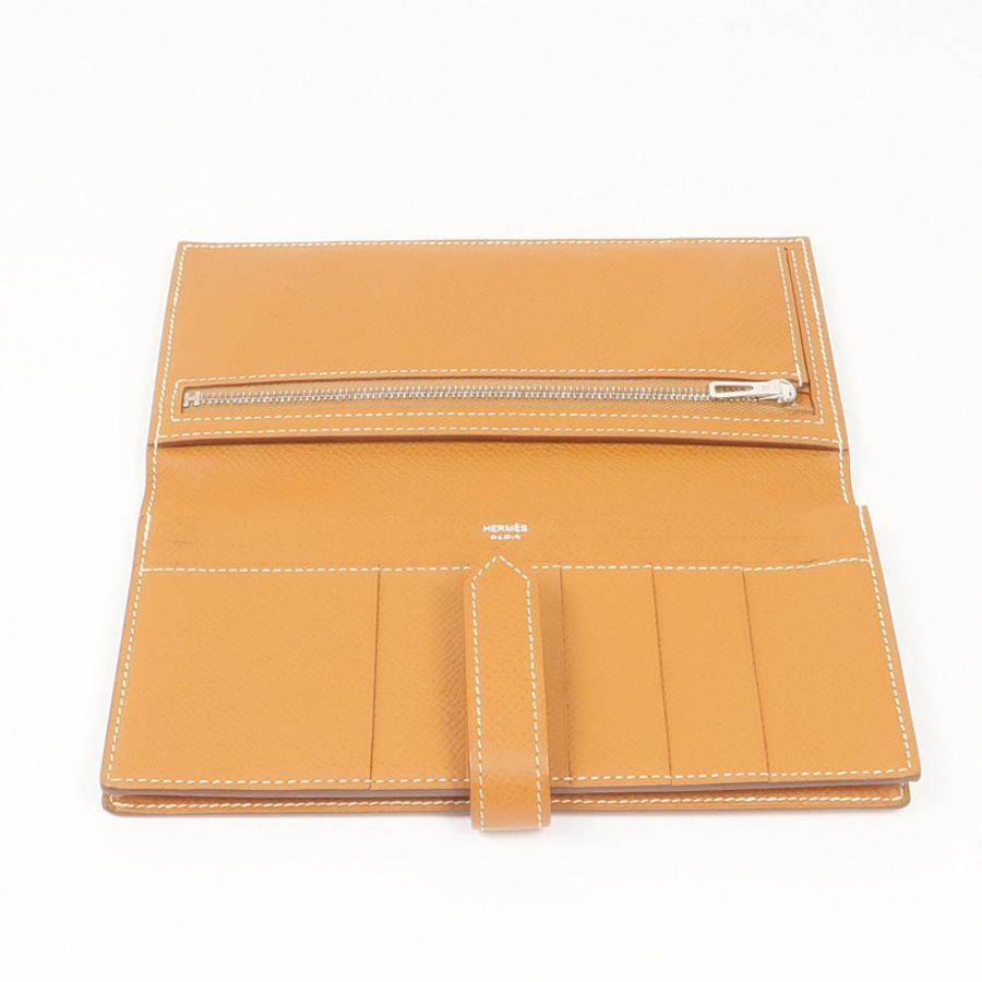HERMES Epsom皮革Bearn W Snap銀扣長錢包Gold-11