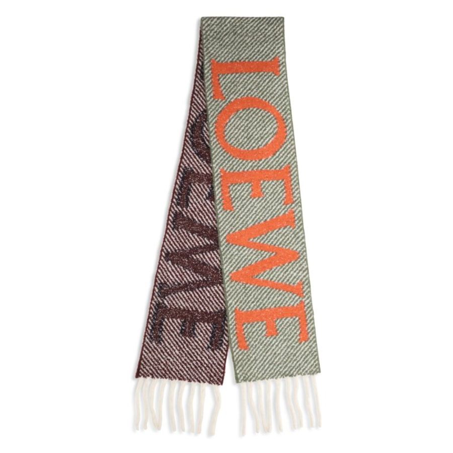 【LOEWE 羅威】Alpaca Wool 緹花織 羊駝毛和羊毛混紡 多色紋理毛圈 圍巾 海軍藍 橘色 FSA7SS3X01-0