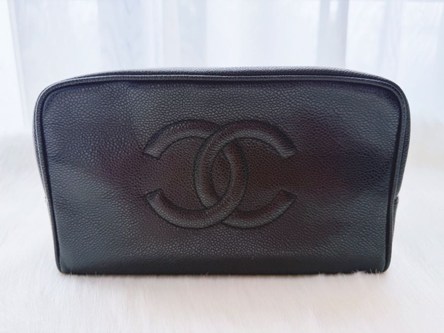 CHANEL 香奈兒 荔枝皮 黑色魚子醬 化妝包手拿包-0