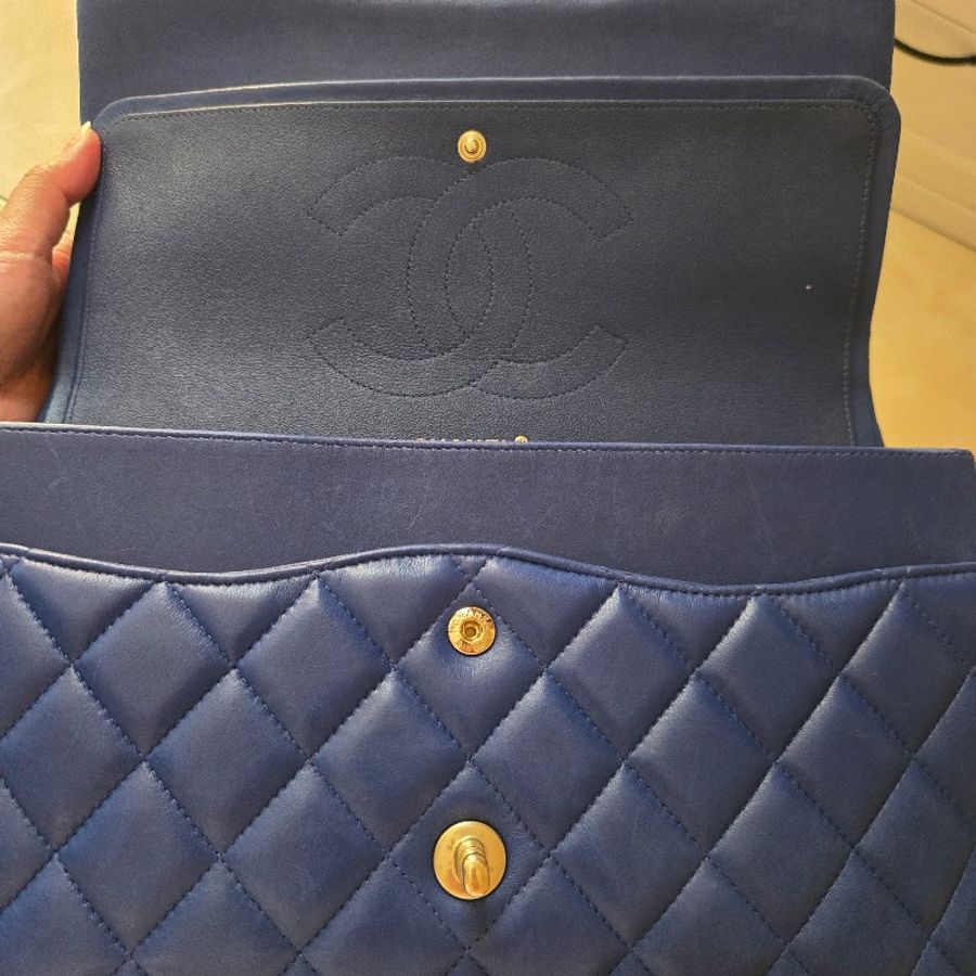 Chanel 經典 Jumbo 30cm 寶石藍 淡金釦 小羊皮-5