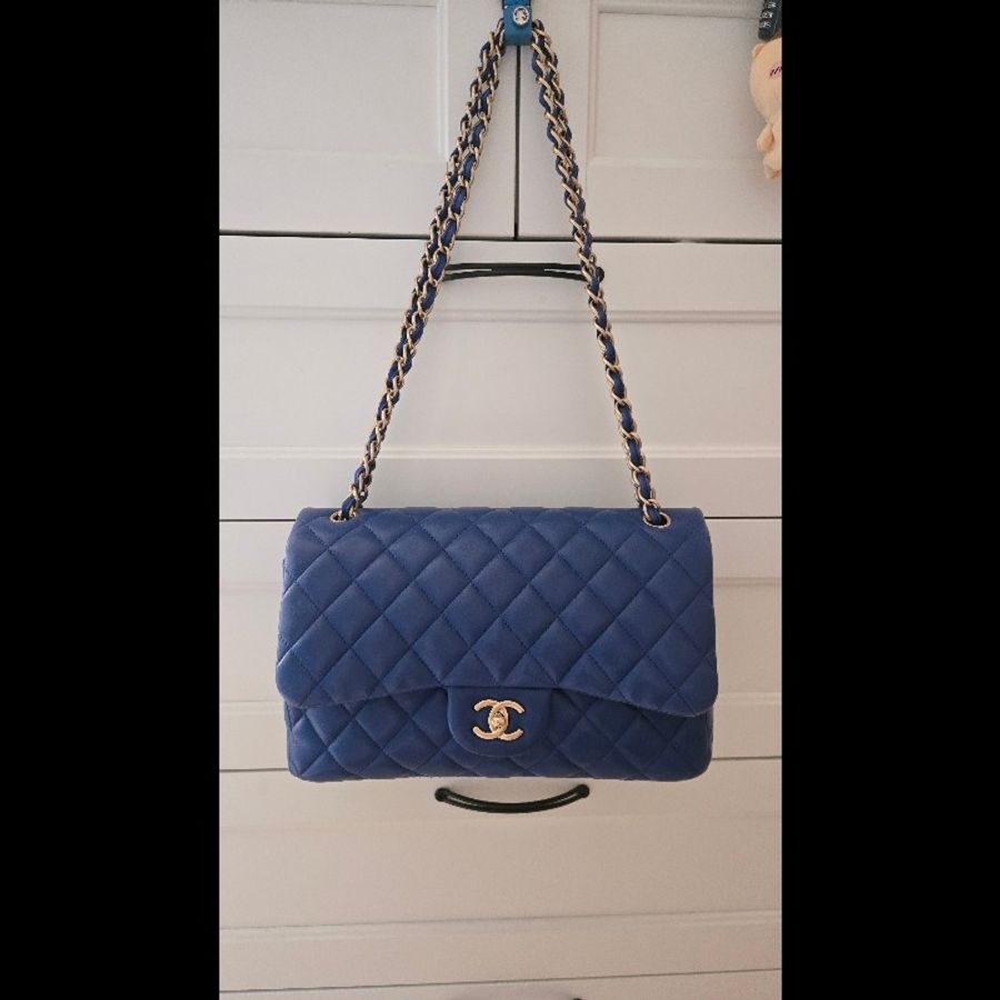 Chanel 經典 Jumbo 30cm 寶石藍 淡金釦 小羊皮-6