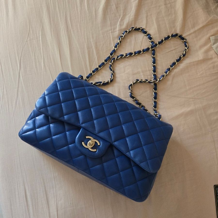 Chanel 經典 Jumbo 30cm 寶石藍 淡金釦 小羊皮-7