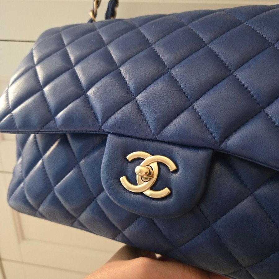 Chanel 經典 Jumbo 30cm 寶石藍 淡金釦 小羊皮-13