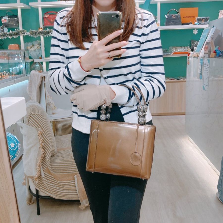TW4537 Christian Dior 迪奧 中古 漆皮手提包 Vintage Small Malice Tote Brown-17
