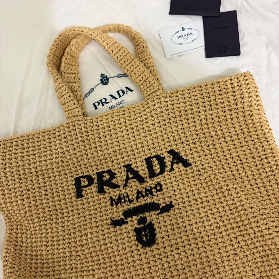 Prada拉菲草大號編織托特包-0