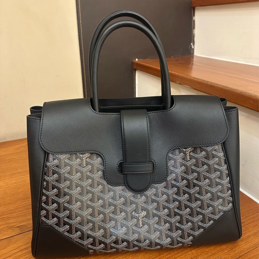 GOYARD 黑皮革咖PVC掀蓋手提包-0