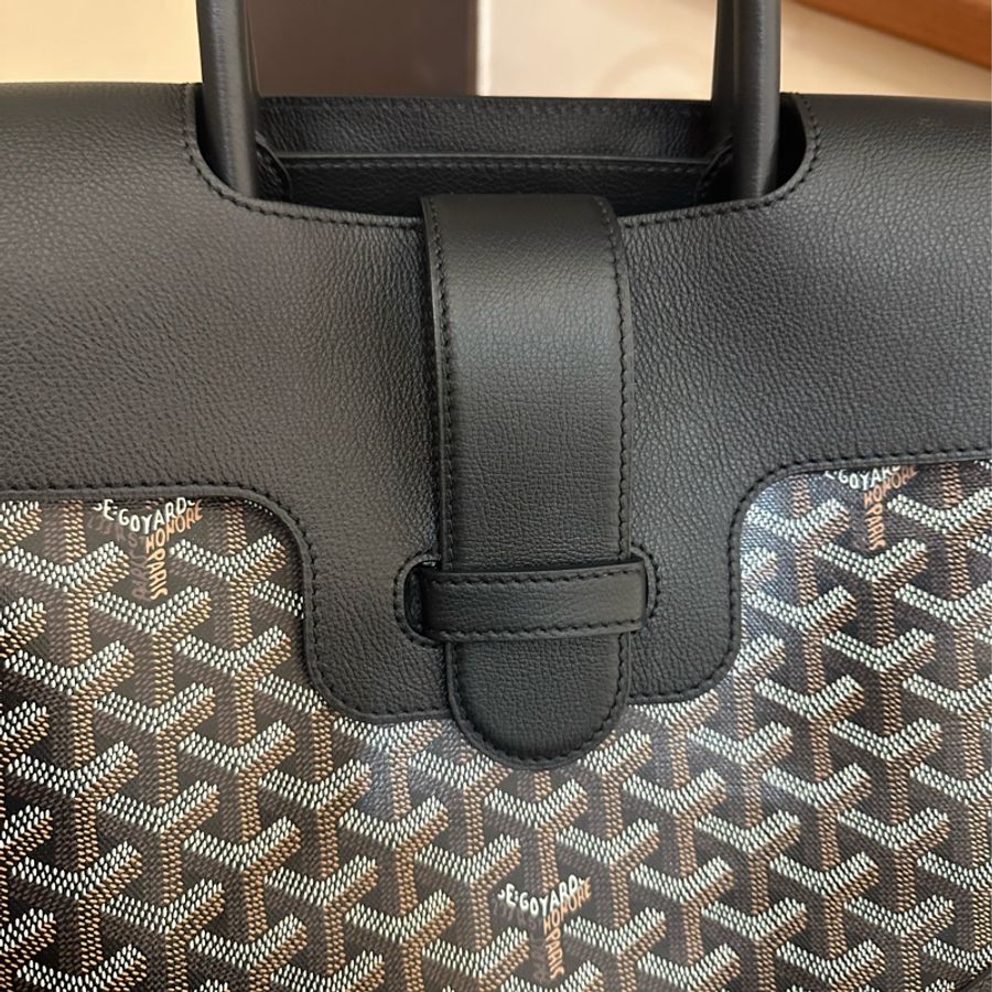 GOYARD 黑皮革咖PVC掀蓋手提包-16