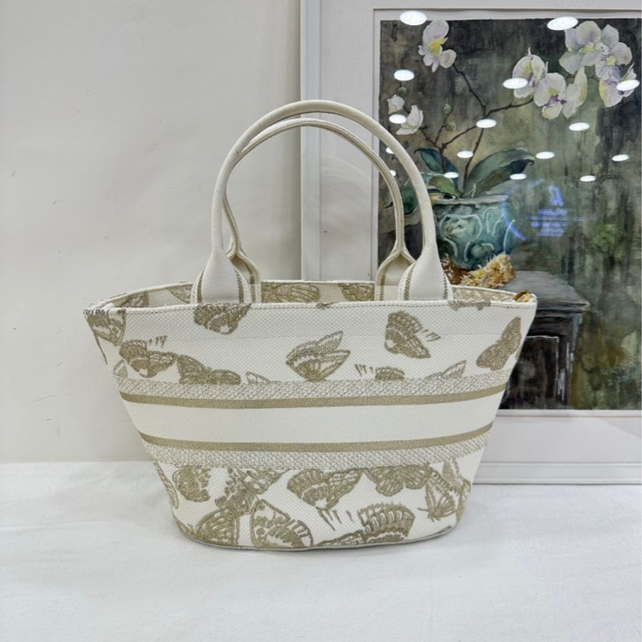 Dior/Dior 白金蝴蝶刺繡菜籃托特包 白色帆布 金色蝴蝶刺繡 23年編碼 尺寸24*11*20cm 可拆卸肩帶-2