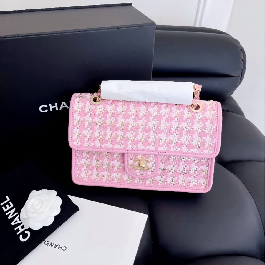 【全新品】Chanel香奈兒cf中號 23C新款粉色編織芯片款鏈條包,金扣-0