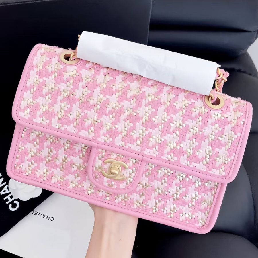 【全新品】Chanel香奈兒cf中號 23C新款粉色編織芯片款鏈條包,金扣-2