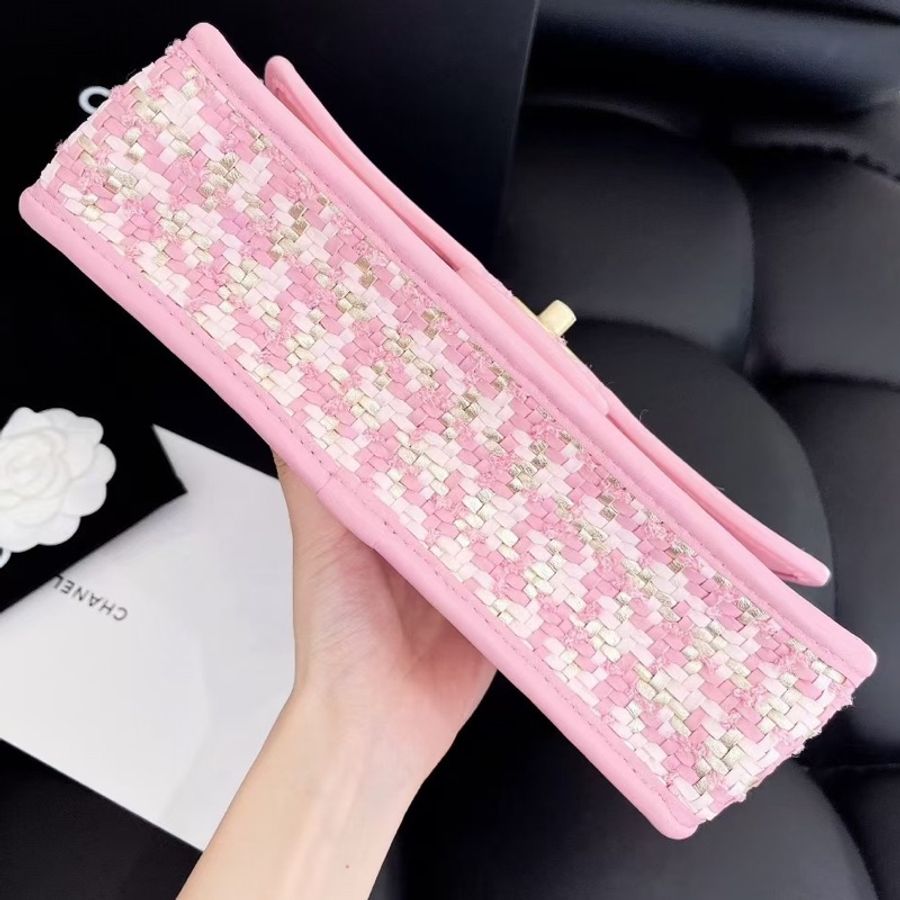 【全新品】Chanel香奈兒cf中號 23C新款粉色編織芯片款鏈條包,金扣-3