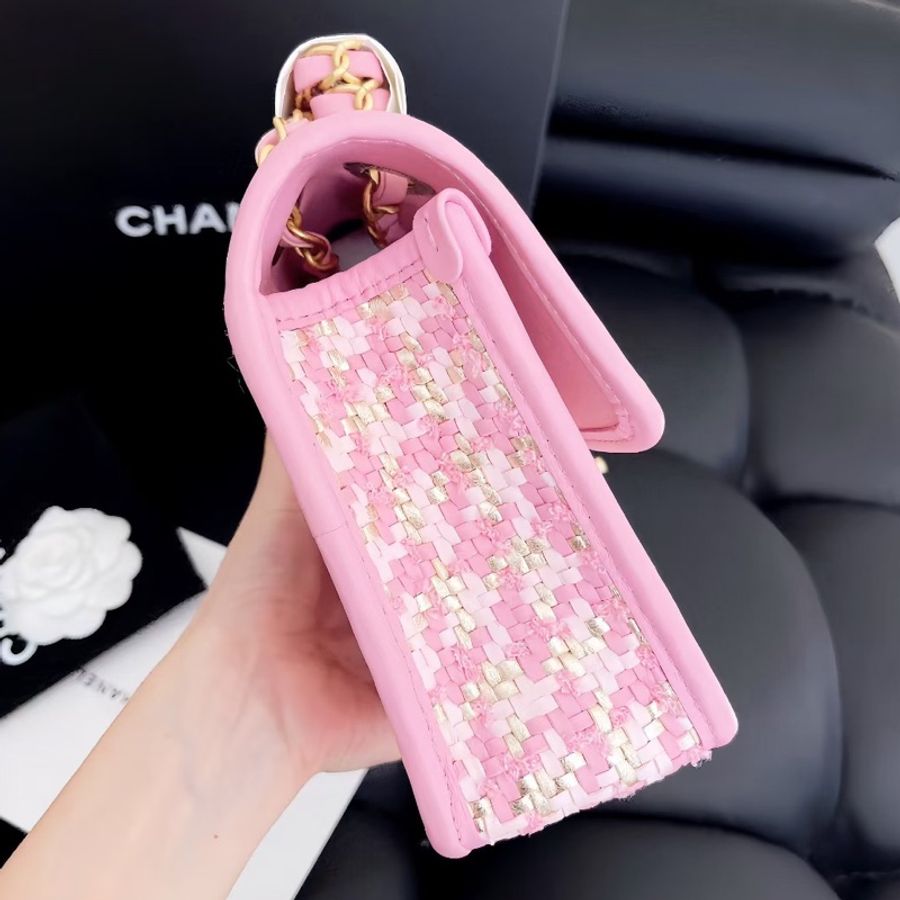 【全新品】Chanel香奈兒cf中號 23C新款粉色編織芯片款鏈條包,金扣-4