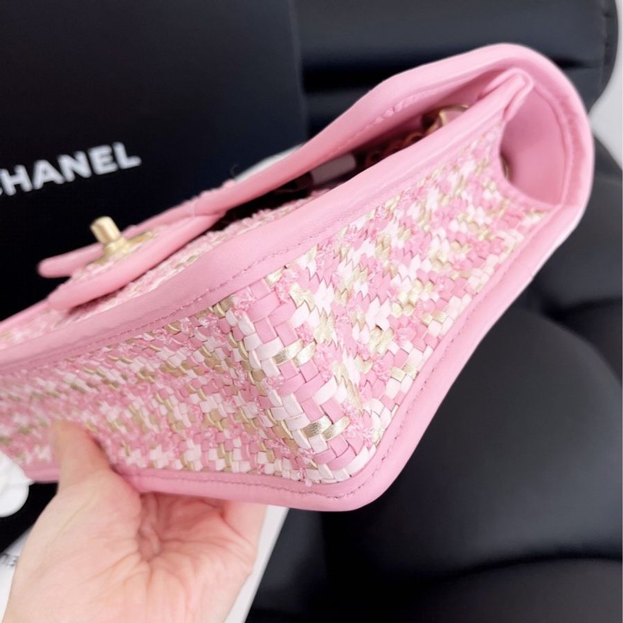 【全新品】Chanel香奈兒cf中號 23C新款粉色編織芯片款鏈條包,金扣-6