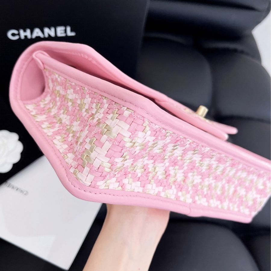 【全新品】Chanel香奈兒cf中號 23C新款粉色編織芯片款鏈條包,金扣-7