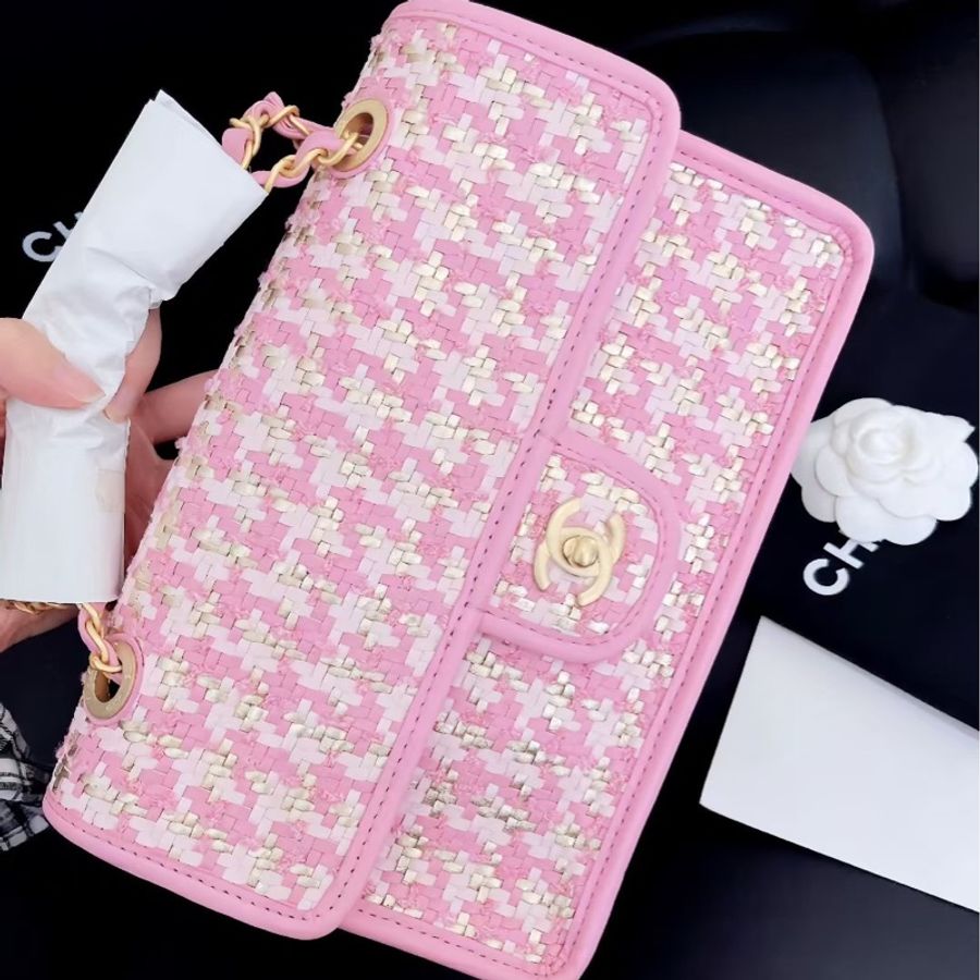 【全新品】Chanel香奈兒cf中號 23C新款粉色編織芯片款鏈條包,金扣-9
