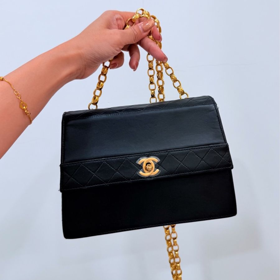 Chanel 香奈兒 Vintage trapezoid 梯型 黑金 雕花鍊 斜背包 肩背包 側背包 鍊條包-11