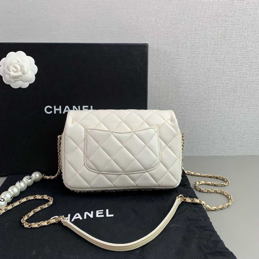 Chanel 白色羊皮 珍珠鏈條cf 大mini-6