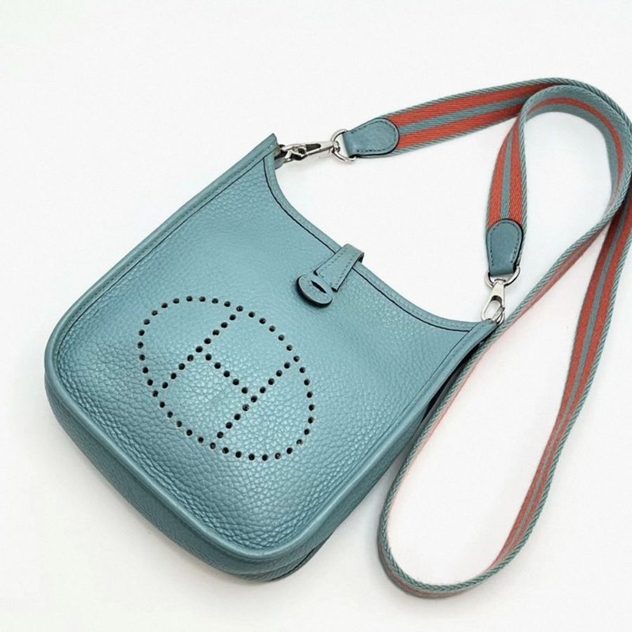HERMES 湖水綠銀扣伊芙琳mini肩背斜背包17*18*5 98新配件塵袋-1