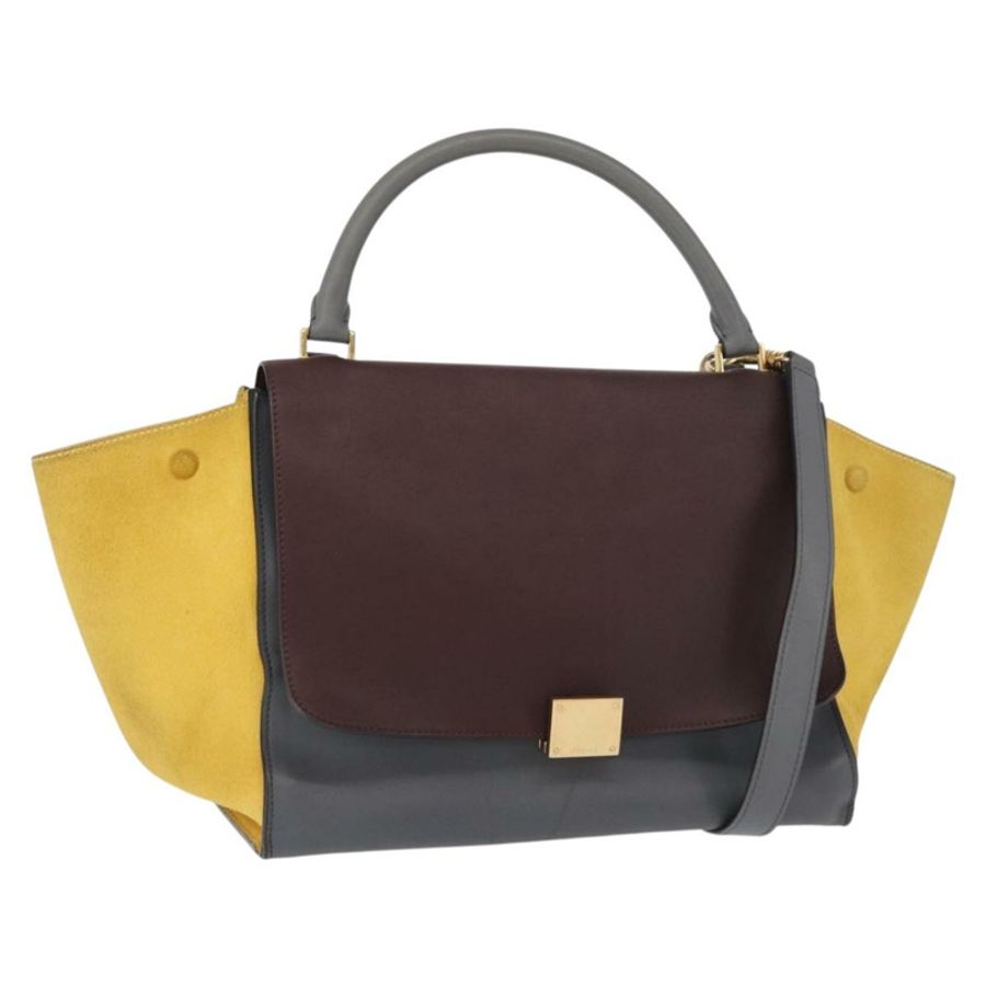 【日本直送】CELINE Trapeze 中型手提包 皮革 2way 灰色 金色 Auth BA7555-0