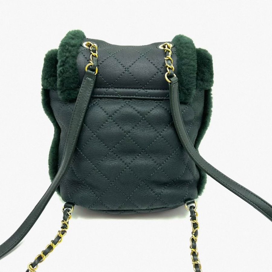 CHANEL 墨綠色金扣毛呢後背包17*20*10 98新配件塵袋-4