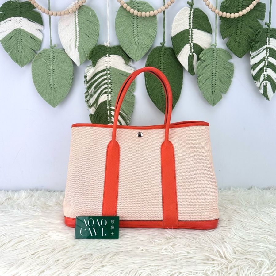 HERMES Garden Party 36 橙色帆布拼皮 手提包 X Stamp-0
