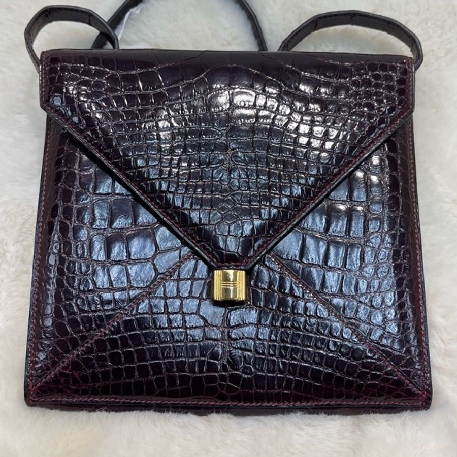 Hermes 愛馬仕 酒紅色鱷魚皮 方塊刻印 上肩包 I683-21