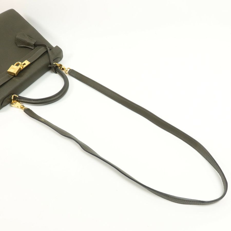 HERMES Togo皮革Kelly 25金扣手挽肩背兩用袋Vert de Gris-13